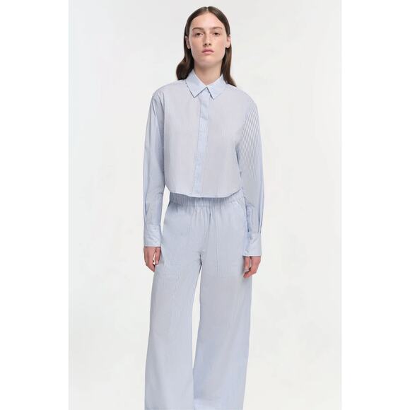 Simkhai Renata Cropped Button Down Shirt Classic Blue Stripe Size XL NWT - Picture 1 of 16